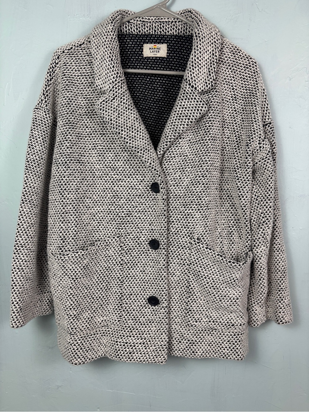 Marine Layer Women's Textured Knit Button-Up Coat in Black & White